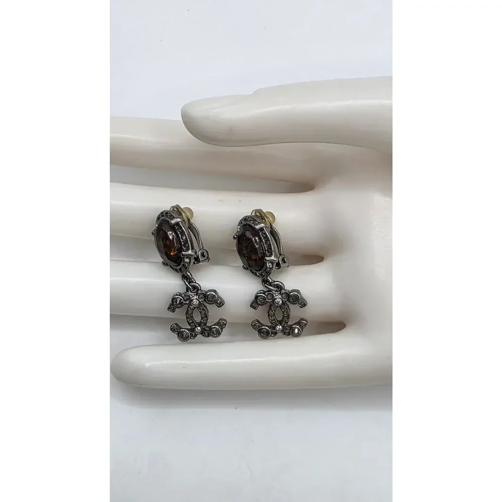 Chanel Resin Strass Silver-tone Interlocking CC Clip On Drop Earrings